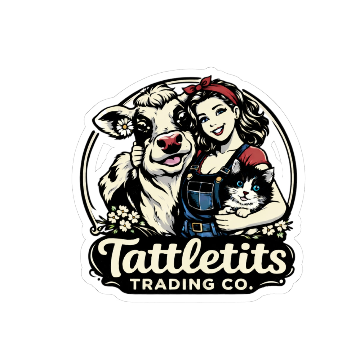 Tattletits Trading Co. Kiss-Cut Sticker — Retro Farmgirl Cow & Cat Logo