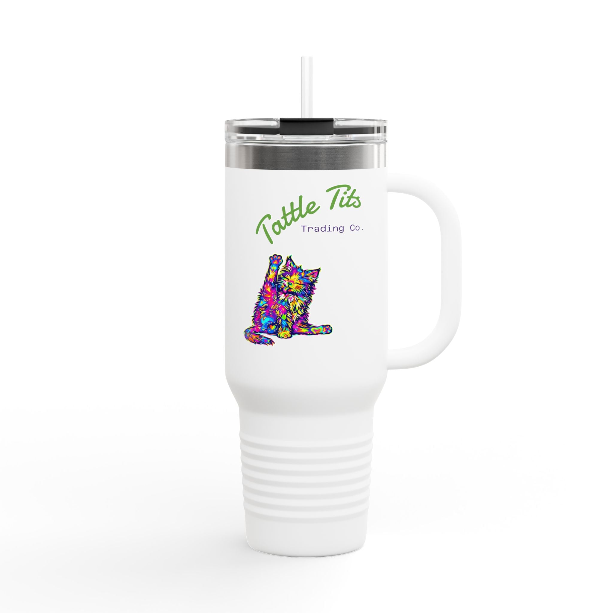 40oz Insulated Travel Mug — Colorful Cat Design “Tattle Tits”