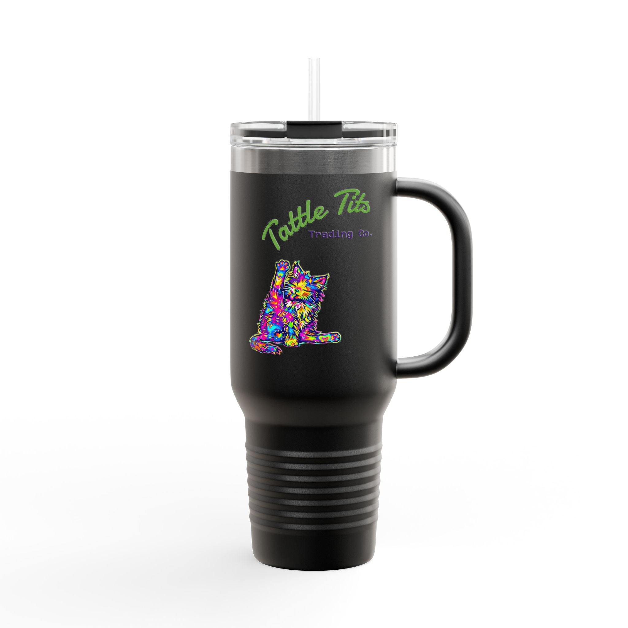 40oz Insulated Travel Mug — Colorful Cat Design “Tattle Tits”