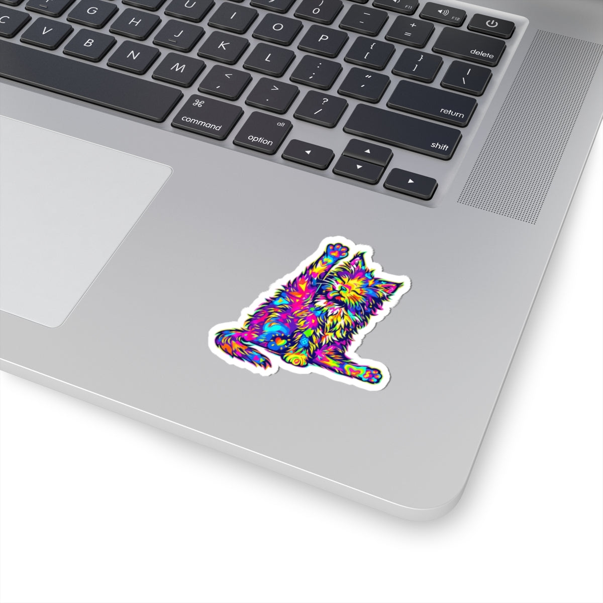 Colorful Psychedelic Cat Kiss-Cut Sticker — Vibrant Laptop & Skateboard Decal