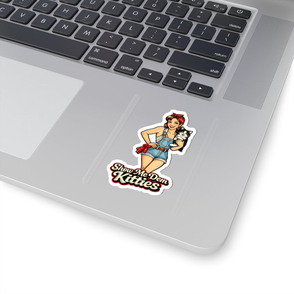 Kiss-Cut Sticker — Retro Pin-Up Girl Holding Cat “Show Me Dem Kitties”