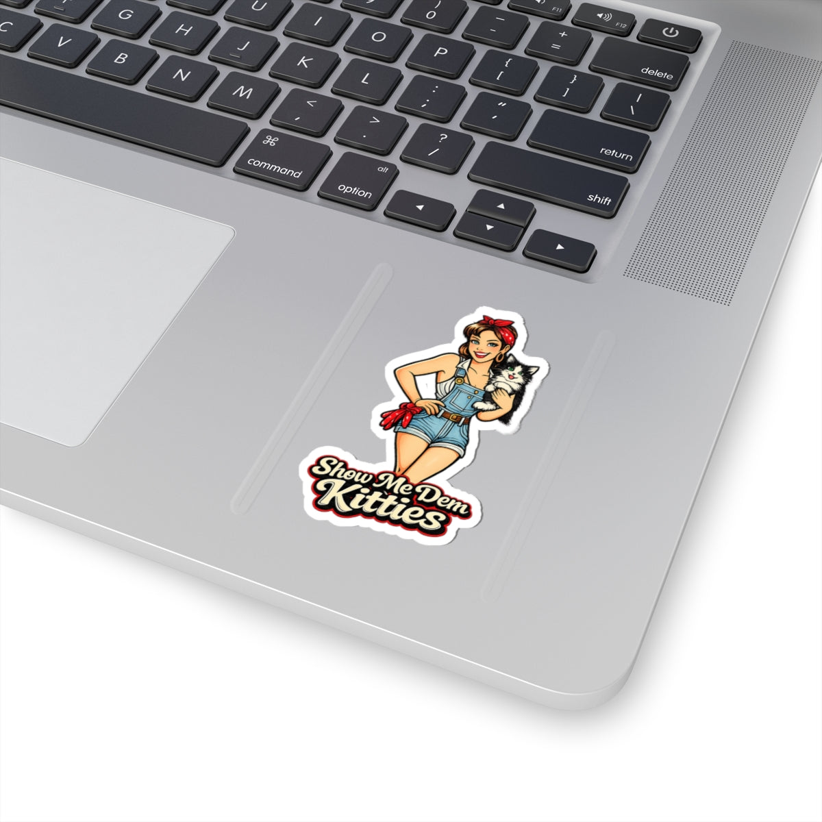 Kiss-Cut Sticker — Retro Pin-Up Girl Holding Cat “Show Me Dem Kitties”
