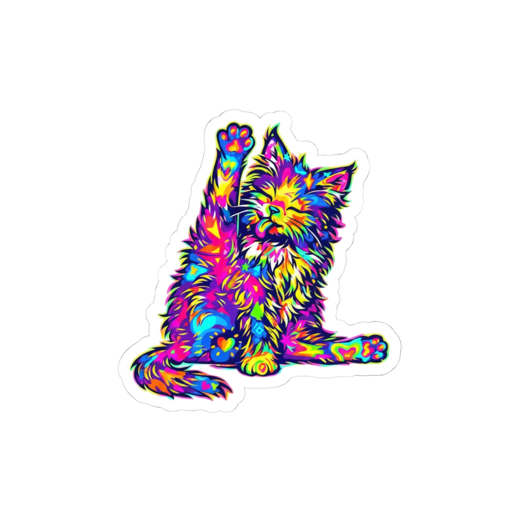 Colorful Psychedelic Cat Kiss-Cut Sticker — Vibrant Laptop & Skateboard Decal