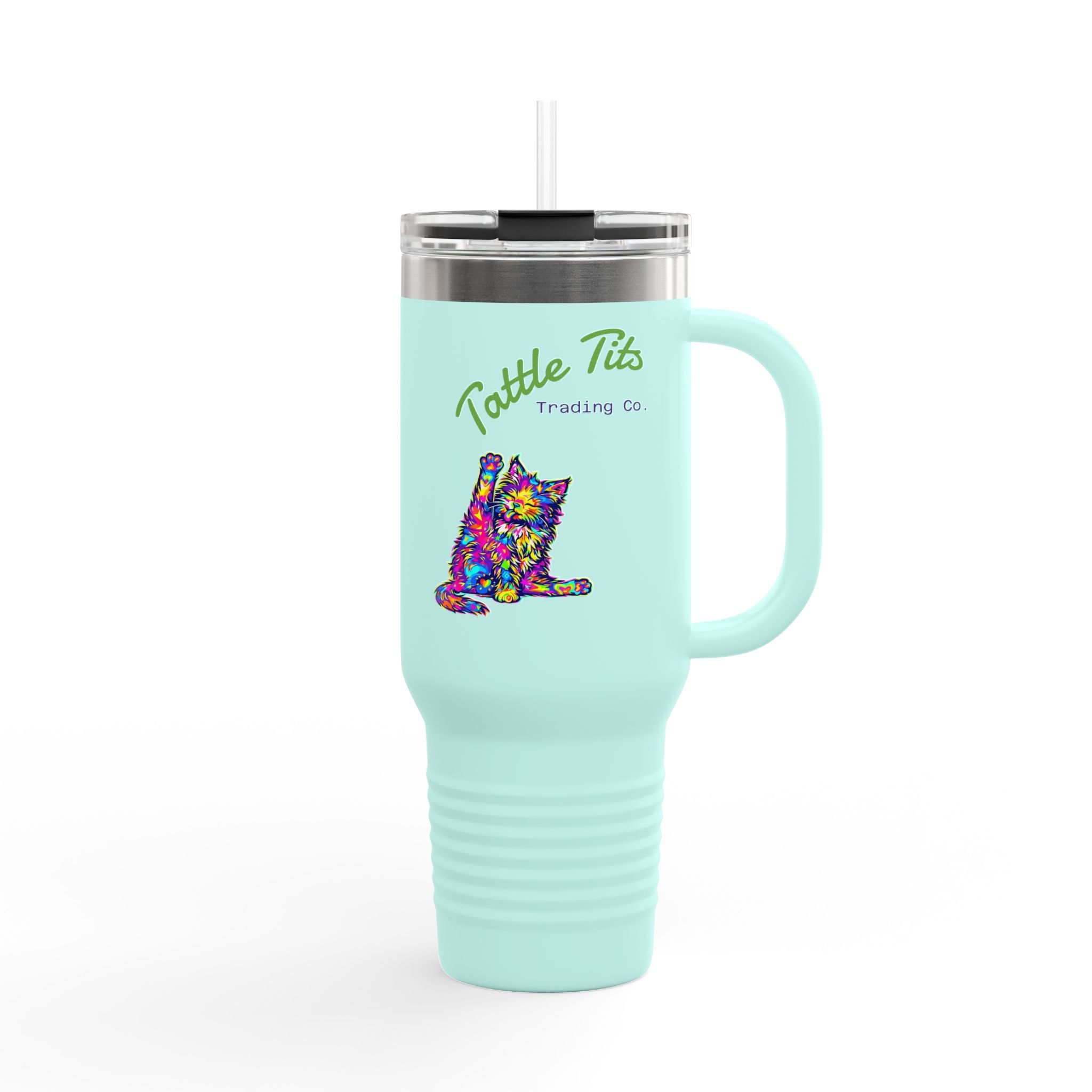 40oz Insulated Travel Mug — Colorful Cat Design “Tattle Tits”