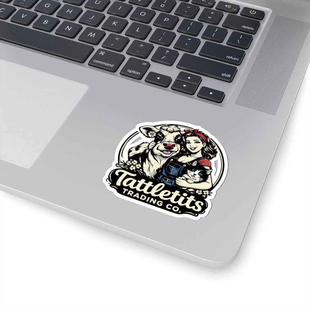 Tattletits Trading Co. Kiss-Cut Sticker — Retro Farmgirl Cow & Cat Logo