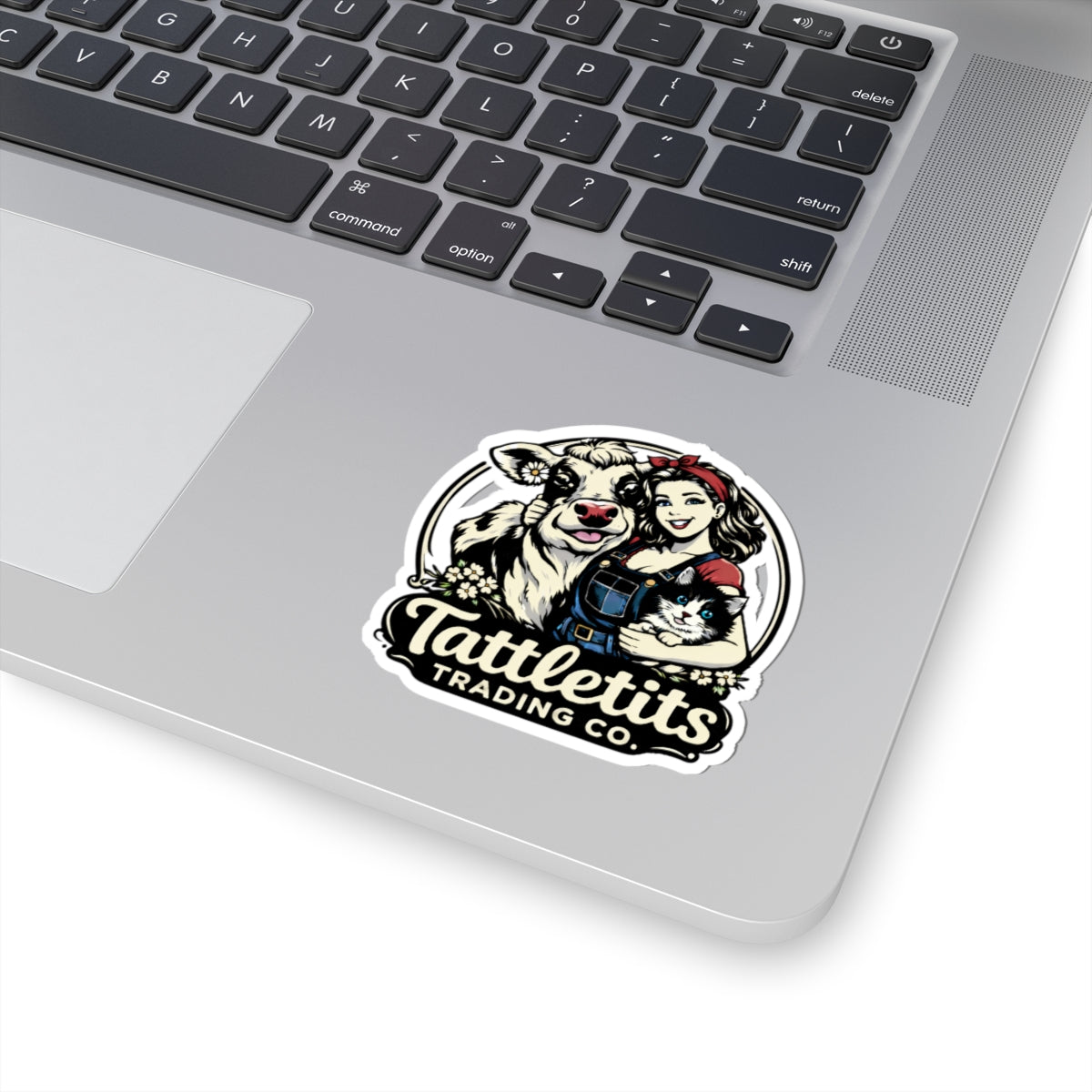 Tattletits Trading Co. Kiss-Cut Sticker — Retro Farmgirl Cow & Cat Logo