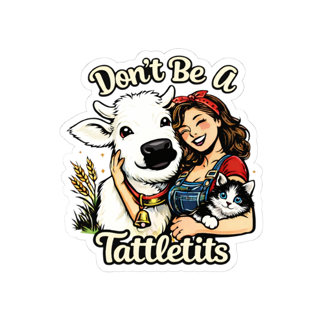Sticker — "Don't Be a Tattletits" Farm Girl Cow & Cat Kiss-Cut Sticker