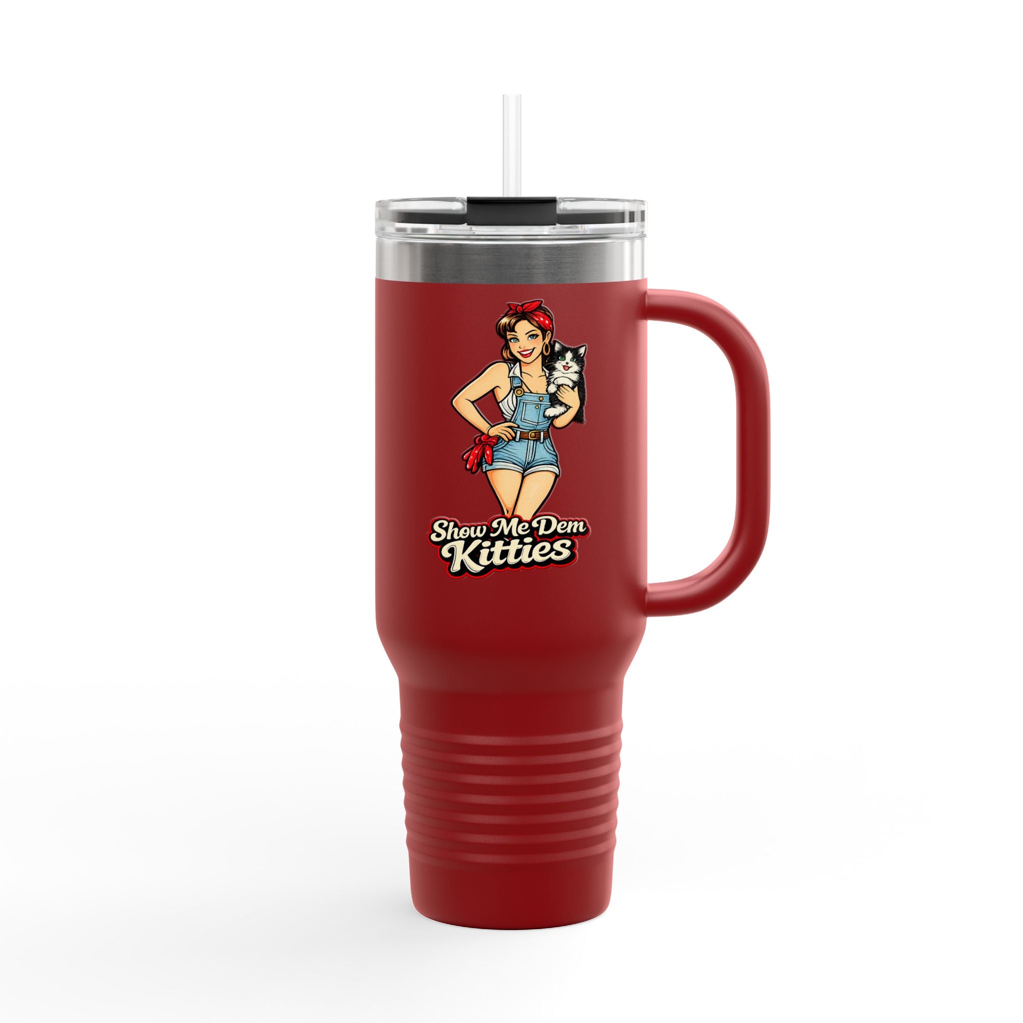40oz Insulated Travel Mug — "Show Me Dem Kitties" Pin-Up Cat Design
