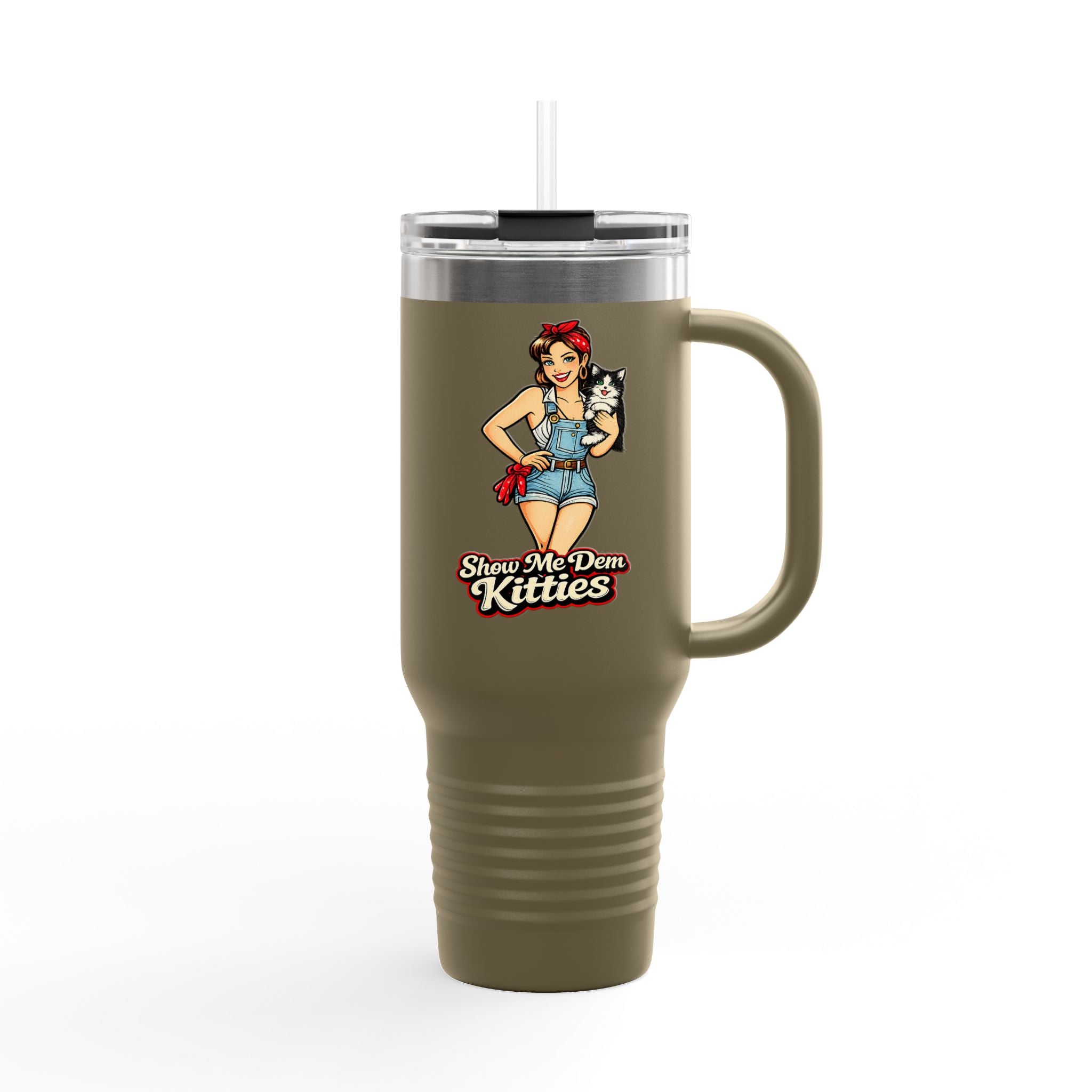 40oz Insulated Travel Mug — "Show Me Dem Kitties" Pin-Up Cat Design