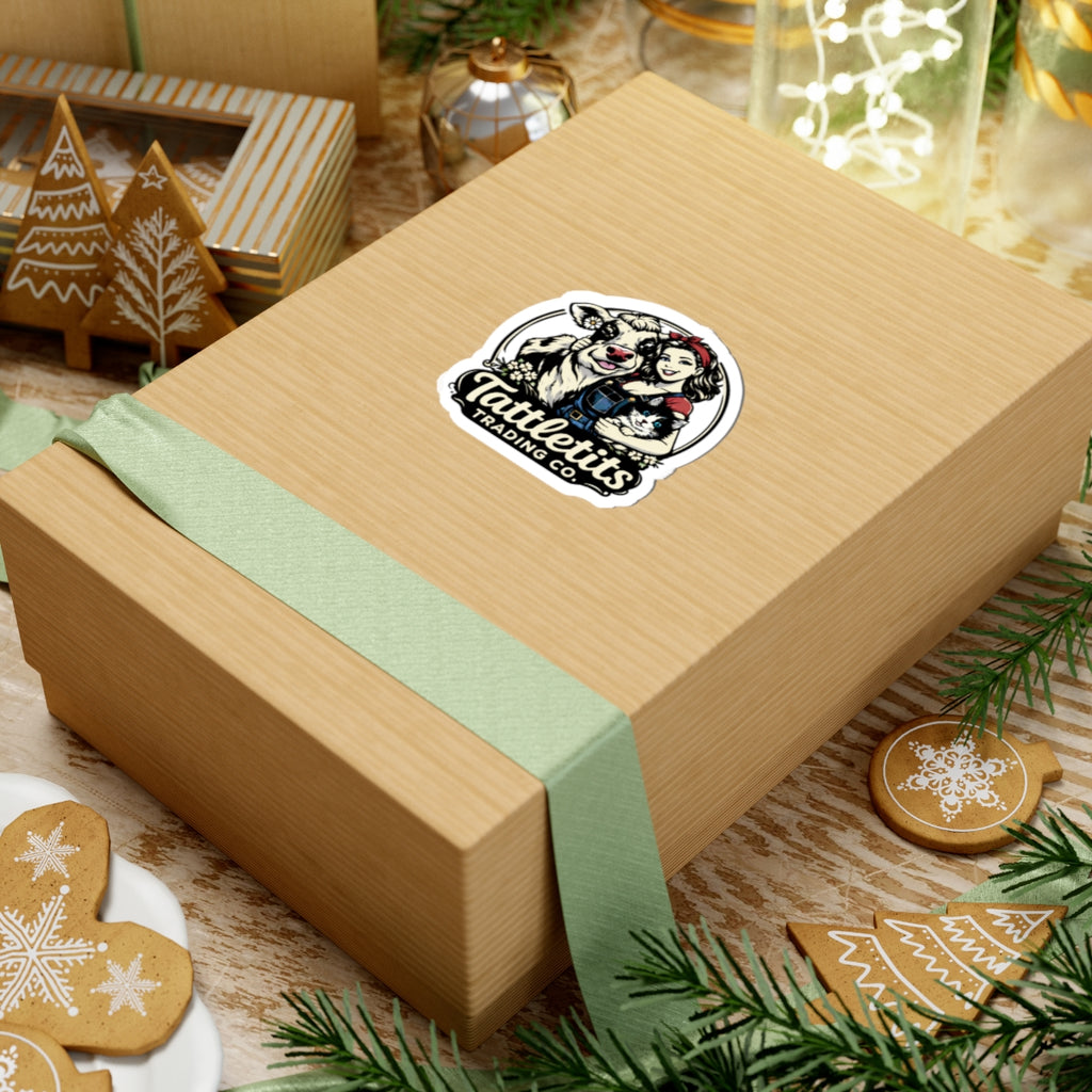Tattletits Trading Co. Kiss-Cut Sticker — Retro Farmgirl Cow & Cat Logo